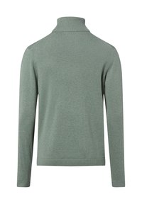 Zielony sweter z długim rękawem i golfem, z prążkowanym kołnierzem, mankietami i dołem, pokazany od tyłu na białym tle.