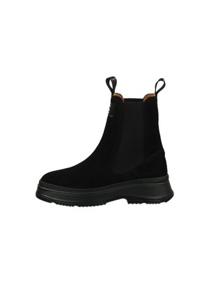 Bottes noires en daim montantes avec des panneaux élastiques sur les côtés, des languettes de traction, une semelle en caoutchouc texturée et un bout rond. Doublure lisse avec des accents contrastants.