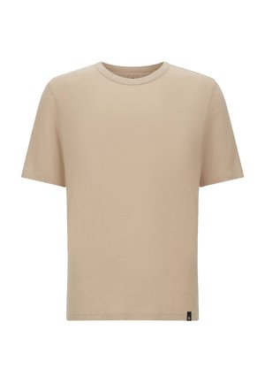 Beige lyhythihainen t-paita, joka on valmistettu pehmeästä kankaasta. Ominaisuuksiin kuuluu klassinen pyöreä kaula-aukko ja pieni musta etiketti helman kohdalla. Sujuva rakenne.