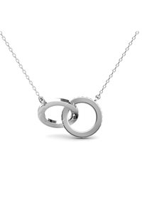 Collana d'argento con due anelli intrecciati, finitura lucida, texture liscia e un design di catena delicato.