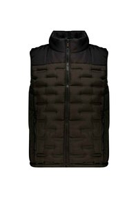 Veste sans manches matelassée noire avec un col haut, présentant un panneau supérieur texturé et une fermeture éclair à l'avant, mettant en avant un design matelassé.