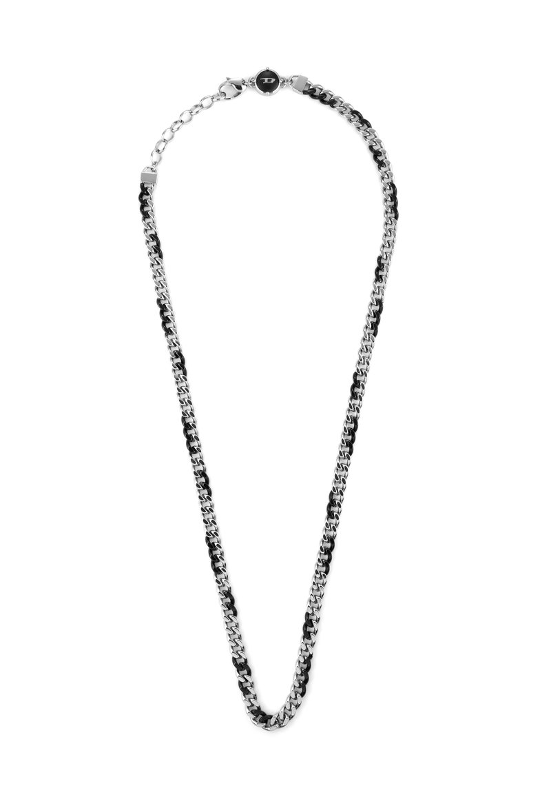 Collana a catena caratterizzata da anelli in metallo silver alternati a dettagli neri, con una chiusura rotonda e di lunghezza adatta per essere indossata comodamente.