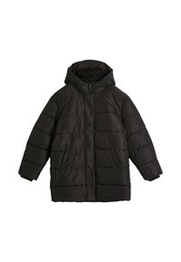 Schwarze Steppjacke mit Kapuze, Frontreißverschluss, zwei seitlichen Taschen und gestepptem Design mit glatter Textur. Lange Ärmel mit Bündchen.