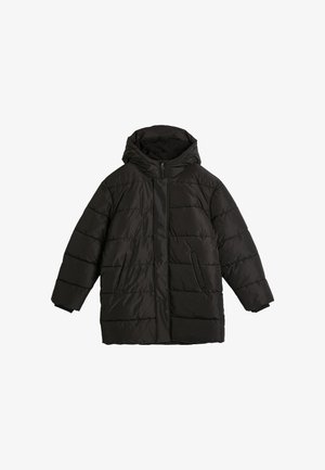 Czarna kurtka puchowa z kapturem, zamkiem z przodu, dwoma bocznymi kieszeniami oraz pikowanym wzorem o gładkiej fakturze. Długie rękawy z mankietami.