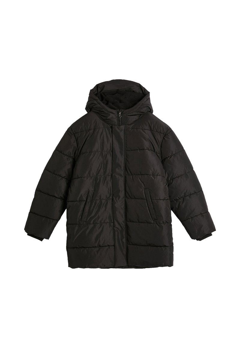 Schwarze Steppjacke mit Kapuze, Frontreißverschluss, zwei seitlichen Taschen und gestepptem Design mit glatter Textur. Lange Ärmel mit Bündchen.