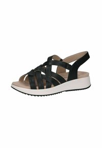 Musthave nahkased sandaalid ristkülikuteks rihmadega, pehme sisetald ja valge kummist tald, millel on tekstuuriga haardumine.