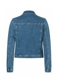 Blauwe spijkerjas met een klassieke snit, voorzien van een gestructureerde kraag, lange mouwen en knopen bij de manchetten. Stiksel langs de schouders.