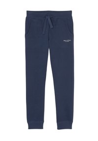 Marineblauwe joggingbroek van zacht katoen, met een elastische tailleband met trekkoord, twee zijzakken en een logo in het wit.