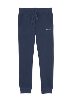 Pantalons de jogging bleu marine en coton doux, avec une taille élastique à cordon de serrage, deux poches latérales et un détail logo en blanc.