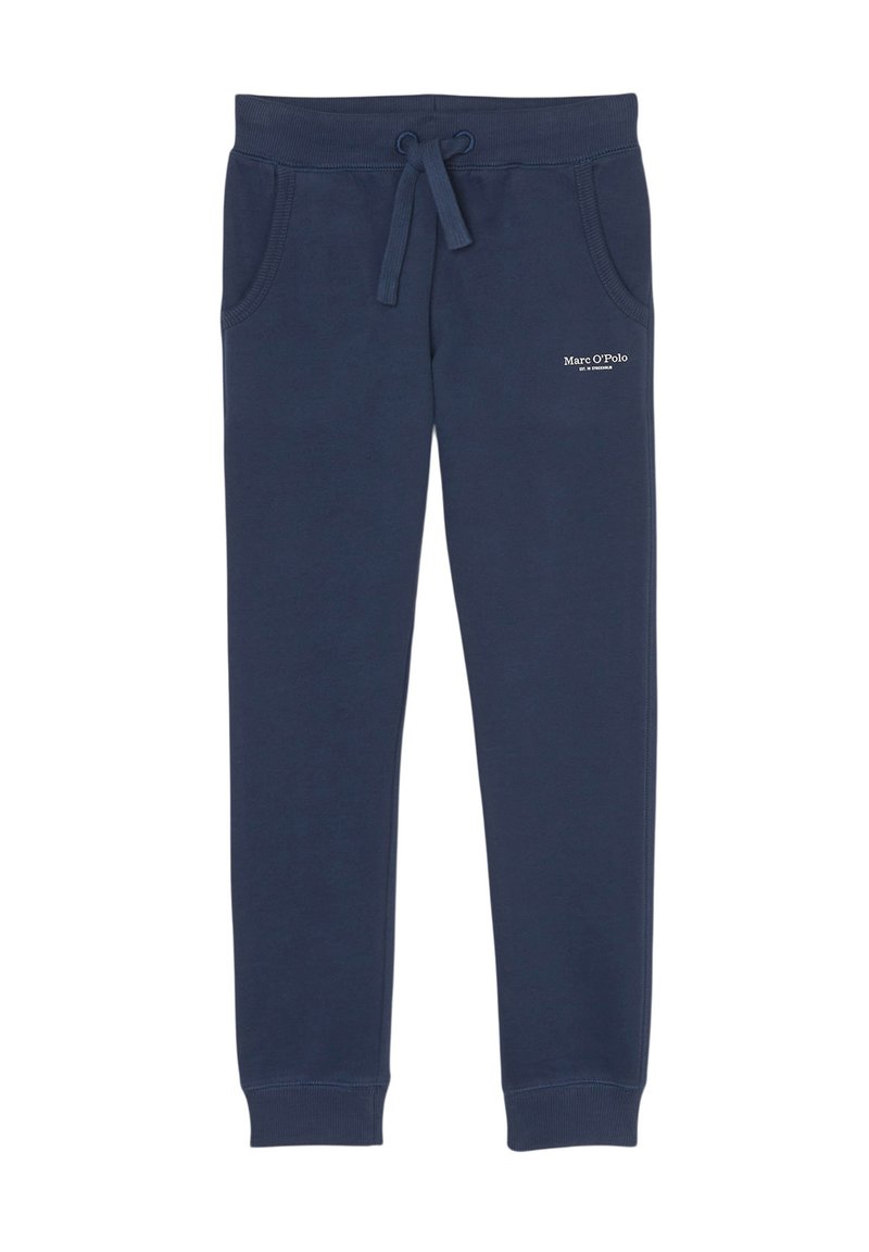Marineblauwe joggingbroek van zacht katoen, met een elastische tailleband met trekkoord, twee zijzakken en een logo in het wit.