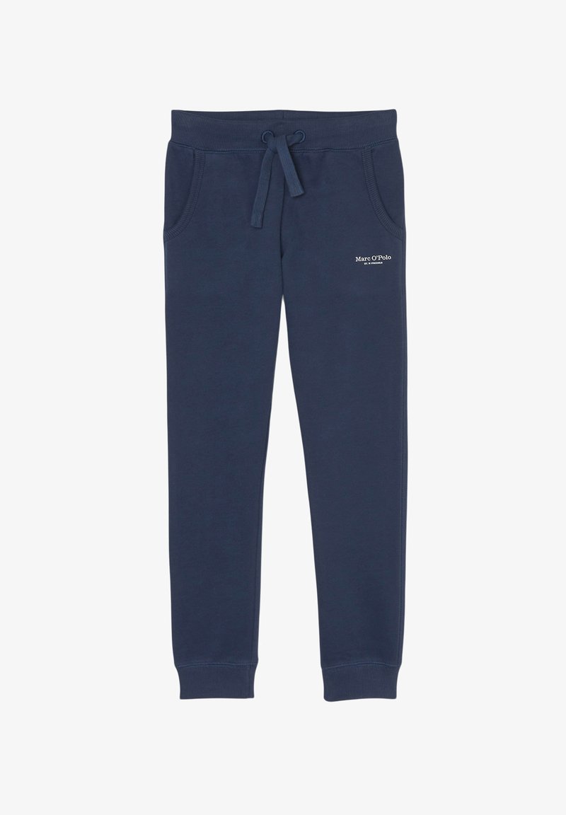 Pantalons de jogging bleu marine en coton doux, avec une taille élastique à cordon de serrage, deux poches latérales et un détail logo en blanc.