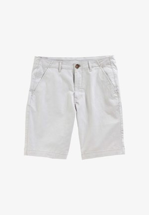 Light gray cotton shorts with a button closure, two side pockets, and a smooth texture. Features a clean, straight cut and stitched seams.