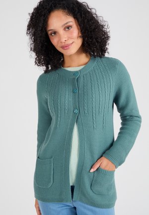 Vrouw met krullend donker haar die een blauwgroen gebreid vest met knopen en twee voorzakken draagt en voor een effen achtergrond staat.