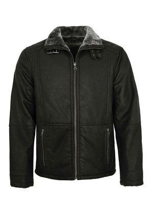 Schwarze Lederjacke mit einem Kunstpelzkragen, Reißverschluss vorne und zwei seitlichen Reißverschlusstaschen, mit einer glatten Textur und taillierter Form.