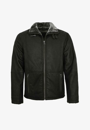 Schwarze Lederjacke mit einem Kunstpelzkragen, Reißverschluss vorne und zwei seitlichen Reißverschlusstaschen, mit einer glatten Textur und taillierter Form.