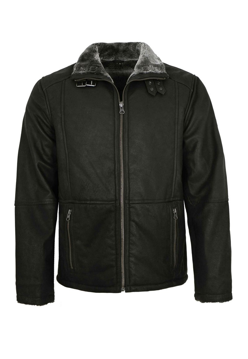 Schwarze Lederjacke mit einem Kunstpelzkragen, Reißverschluss vorne und zwei seitlichen Reißverschlusstaschen, mit einer glatten Textur und taillierter Form.