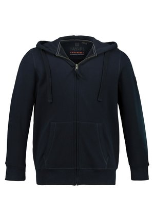 Navy Zip-Hoodie aus Baumwollmischung, ausgestattet mit einer Kordelzugkapuze, zwei Fronttaschen und gerippten Bündchen für eine enganliegende Passform.