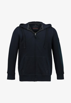 Marineblå zip-up hoodie lavet af bomuldsblanding, med snøre i hætten, to frontlommer og ribbede manchetter for et tætsiddende look.