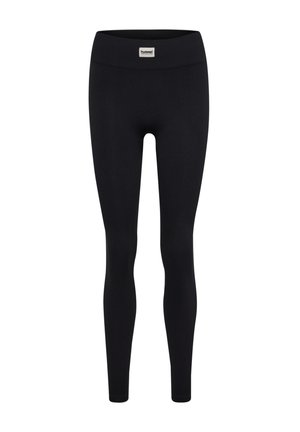 Black ribbed leggings with a wide elastic waistband and a small brand tag at the front. The fabric appears stretchy and smooth.