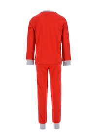 Pigiama di cotone rossi con maniche lunghe e pantaloni, dotati di polsini grigi alle maniche e alle aperture delle caviglie. Design semplice, senza motivi.