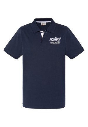 Marineblaues Polohemd mit kurzen Ärmeln, weißem gesticktem Schott NYC-Logo und Text auf der linken Brust sowie einer Zweiknopfleiste.