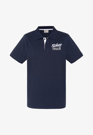 Marineblaues Polohemd mit kurzen Ärmeln, weißem gesticktem Schott NYC-Logo und Text auf der linken Brust sowie einer Zweiknopfleiste.