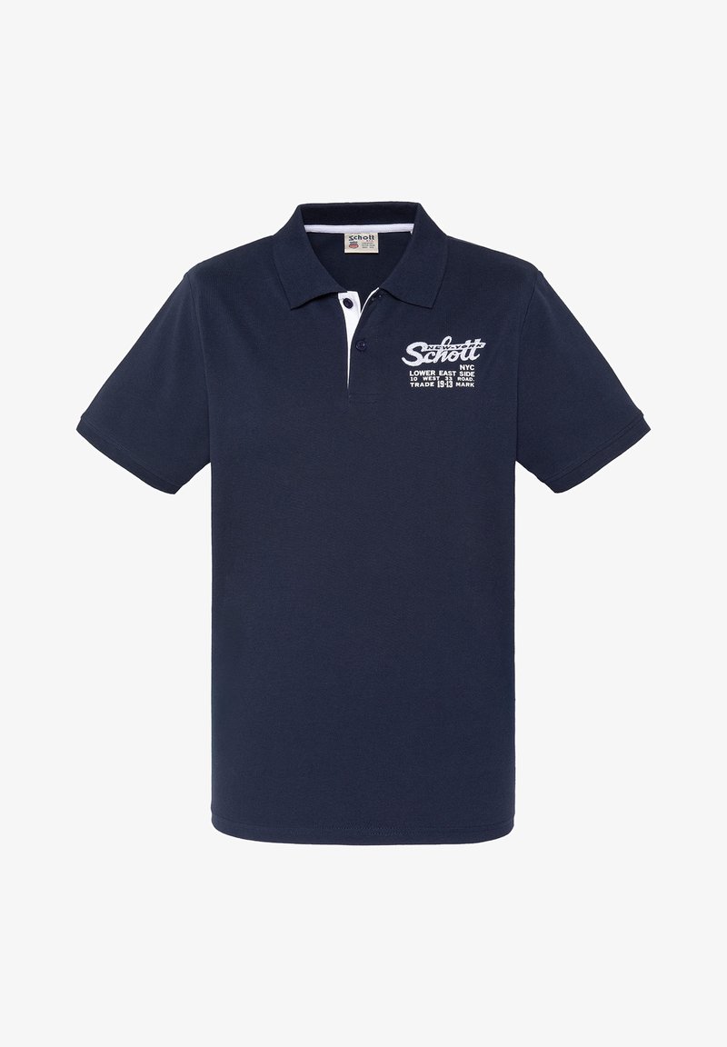 Polo bleu marine à manches courtes avec logo Schott NYC blanc brodé et texte sur la poitrine gauche et une patte à deux boutons.