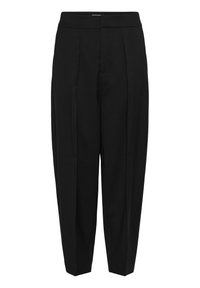 Črne hlače s visokim pasom, z naborki spredaj in rahlo ožanimi hlačnicami, na belem ozadju.