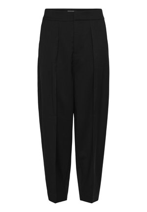 Mustad kõrge vöökohaga kohandatud püksid esiveskriipsudega ja veidi kitsenevate säärtega, valgel taustal.