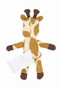 Pehmoleludokkari, jonka rungon väri on beige ja siinä on ruskeita täpliä, ruskeat raajat ja kudottu kangas. Sivulla on hoito-ohjemerkki kiinnitettynä.