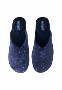 Pantofole blu navy senza lacci, realizzate in tessuto morbido, con motivo a pois e interno imbottito per il massimo comfort. Logo visibile all'interno.
