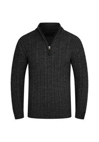 Dunkelgrauer, gestrickter Pullover mit hohem Kragen und Reißverschluss. Besitzt ein strukturiertes Zopfmuster und gerippte Bündchen sowie einen Saum.