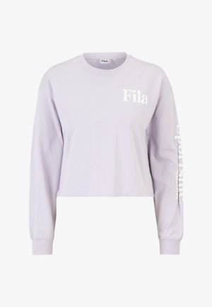 Violetti lyhyt huppari, joka on valmistettu puuvillasta, ominaisuuksina pitkät hihat, pyöreä pääntie ja valkoinen brändäys rinnassa ja oikeassa hihassa.