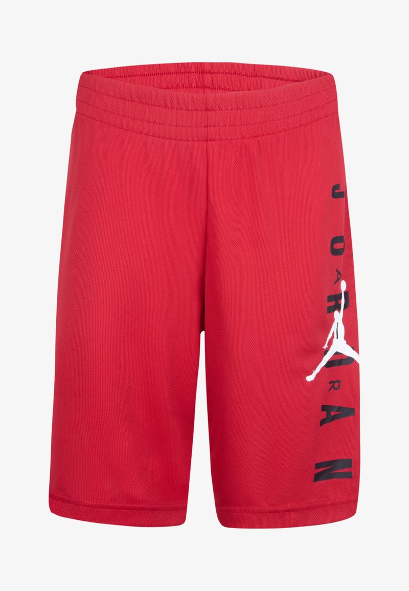 Rote Sportshorts aus atmungsaktivem Mesh-Gewebe, mit einem schwarzen Logo und Textdesign auf der linken Seite. Elastischer Bund für Komfort.