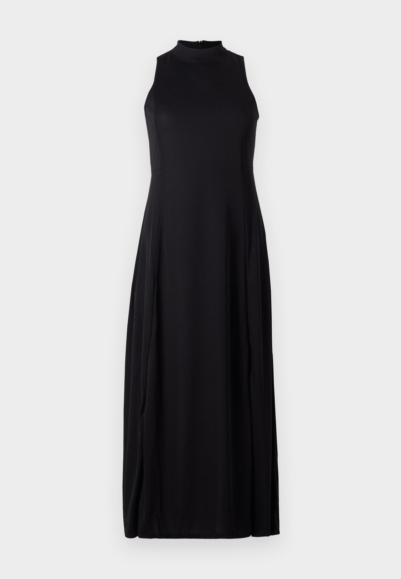 Schwarzes ärmelloses Maxikleid mit hohem Kragen, ausgestelltem Rock und glattem, leichtem Stoff. Mit einem Reißverschlussverschluss auf der Rückseite.
