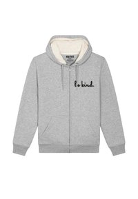 Sweat à zip gris avec un intérieur en polaire doux. Il dispose d'une poche kangourou et du message « be kind. » imprimé en noir sur la zone de la poitrine gauche.
