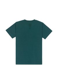 Tyrkysové bavlněné tričko s krátkými rukávy, kulatým výstřihem a malým logem tištěným v mírně tmavším odstínu na zadní straně.