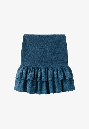 Fustă din denim cu talie ajustată, dotată cu un tiv cu volane stratificate, material texturat și o nuanță bogată de teal, cu un model subtil.