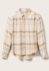 Chemise longue à manches beige et marron clair à carreaux, avec col, boutons sur le devant et ourlet arrondi.