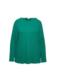 Groene lange mouwen top met een ronde hals, voorzien van een gegolfde zoom en zijnaad. Gemaakt van zachte, lichtgewicht stof. Minimalistisch ontwerp.