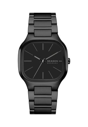 Schwarze Skagen Denmark Armbanduhr mit quadratischem Zifferblatt, minimalistischem Ziffernblatt, dünnen silbernen Stundenmarkierungen und Metallgliederarmband.