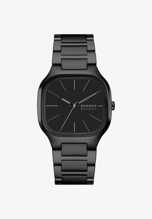 Schwarze Skagen Denmark Armbanduhr mit quadratischem Zifferblatt, minimalistischem Ziffernblatt, dünnen silbernen Stundenmarkierungen und Metallgliederarmband.