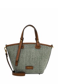 Borsa a tracolla in tessuto verde con accenti in pelle marrone, manici superiori doppi e spallaccio rimovibile. Presenta una forma strutturata e angolare.
