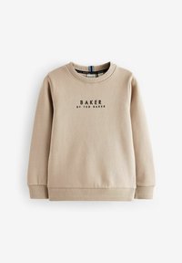 Felpa beige con scollatura rotonda e maniche lunghe. Presenta un logo stampato "BAKER BY TED BAKER" in nero sulla parte anteriore. Tessuto morbido.