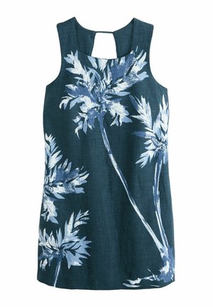 Ärmelloses Oberteil in dunklem Türkis mit weißem Blumenmuster. Glatter Stoff, quadratischer Ausschnitt und Schlitzdetail am Rücken.
