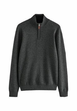 Pulover de culoare gri închis, realizat dintr-un material texturat. Are un guler înalt cu un fermoar scurt și manșoane și tiv cu model din răsucire. Design simplu.