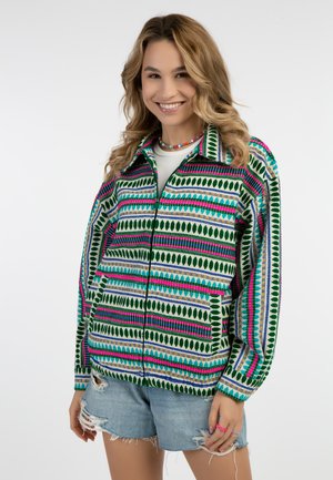 Kleurvolle zip-up jas met een mix van groene, roze en blauwe patronen, voorzien van een kraag en een losse pasvorm, gemaakt van een textuurstof.
