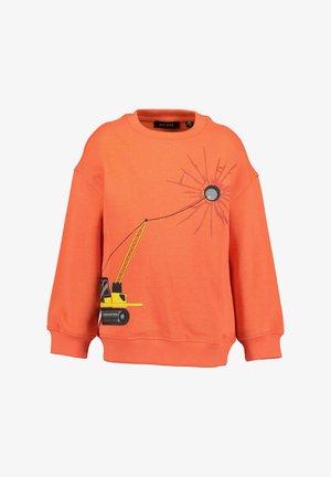 Felpa arancione brillante con maniche lunghe, caratterizzata da una grafica di una gru gialla e un design circolare con linee a spruzzo sul davanti.