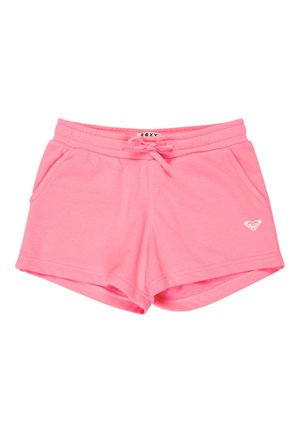 Shorts décontractés roses avec une taille élastique, un cordon de serrage, des poches latérales et un petit logo blanc sur la jambe droite avant.