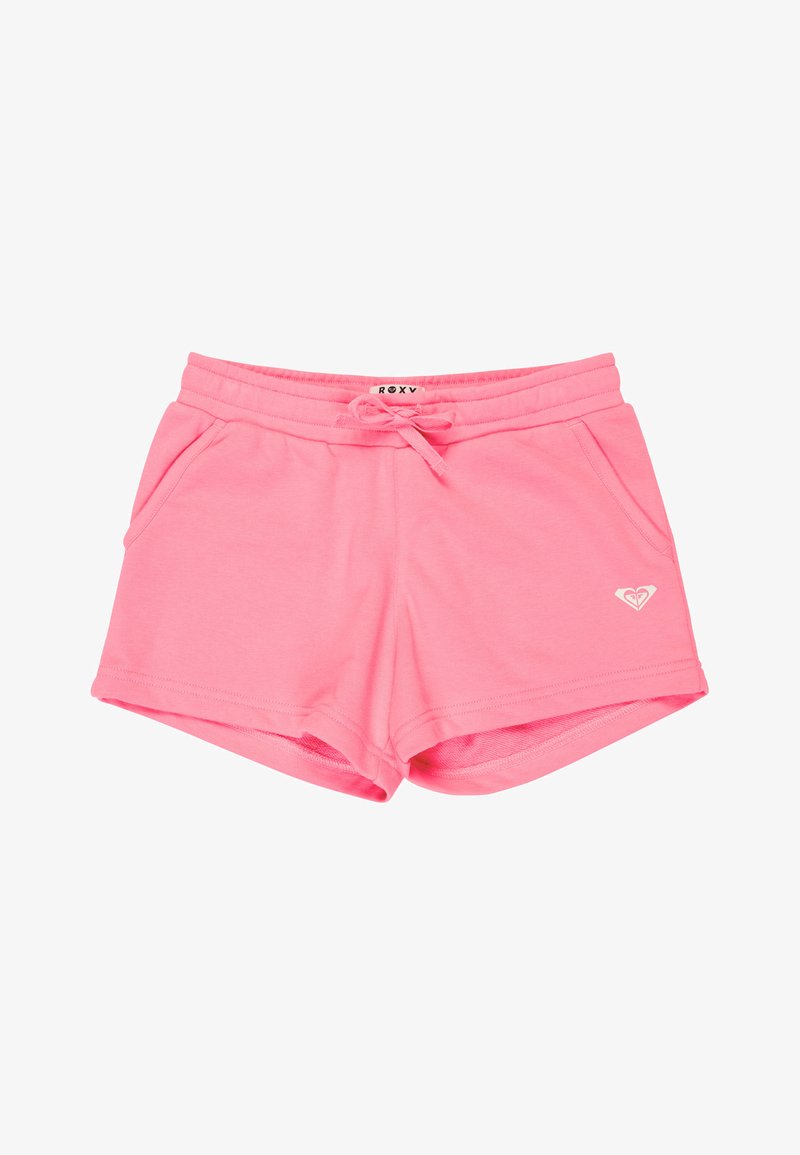 Pantaloncini casual rosa con vita elastica, coulisse, tasche laterali e un piccolo logo bianco sulla parte anteriore della gamba destra.